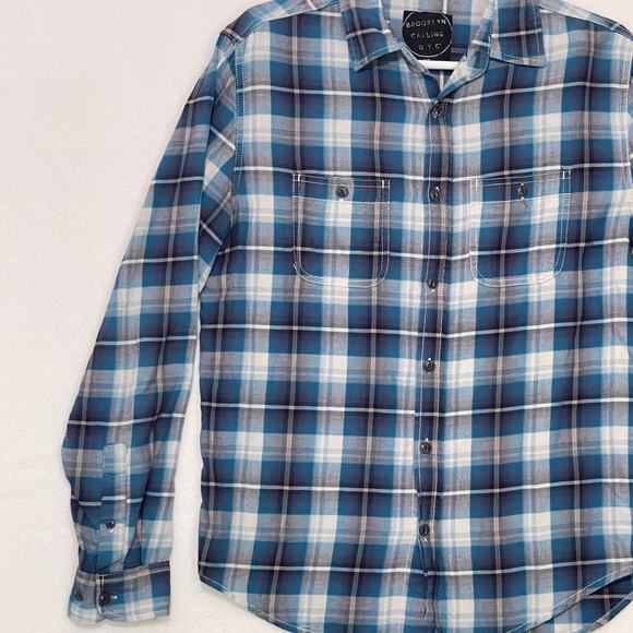 Brooklyn Calling NYC Button Down Shirt Mens Small Blue White Plaid Long Sleeve - Picture 5 of 11
